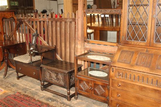 Small oak bedside table, carved oak box on legs, tea trolley, mirror and barometer